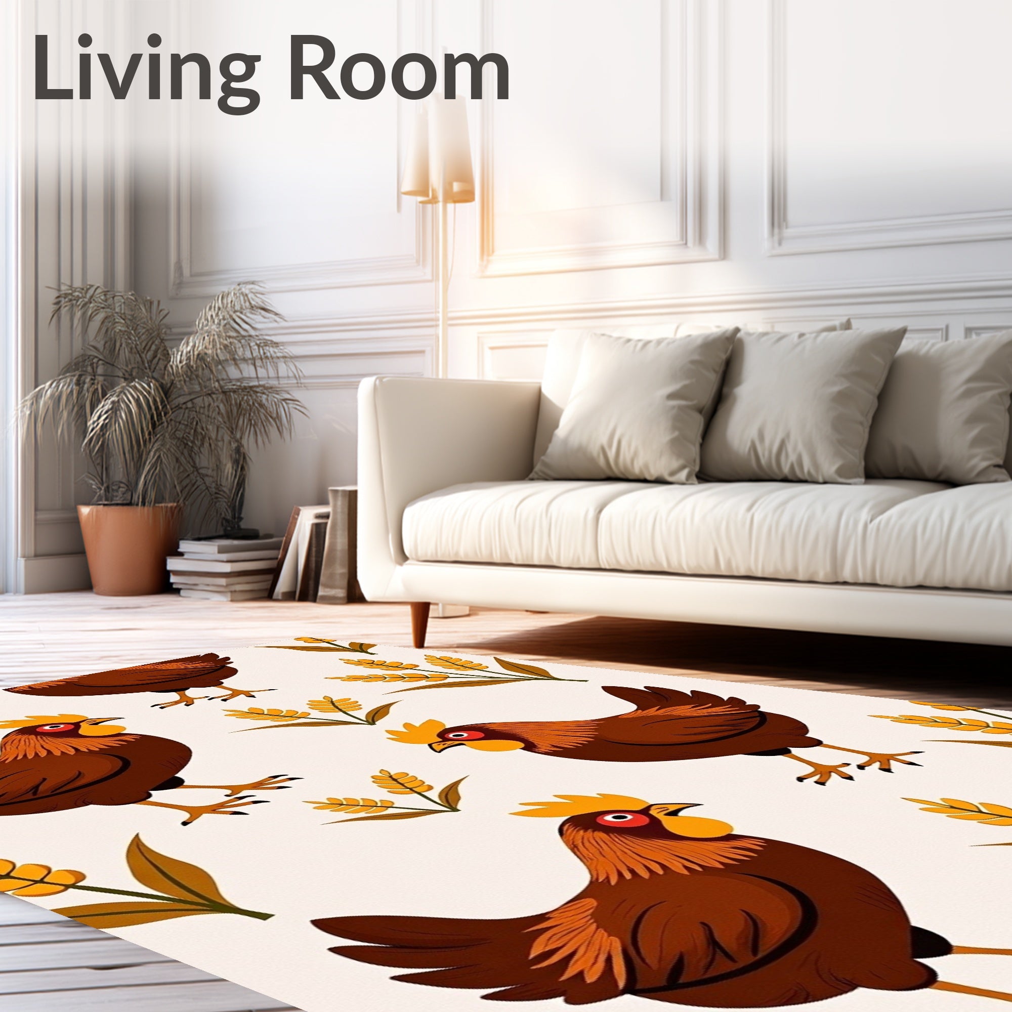 Harvest Rooster Wheat Field Illustration Rug