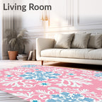 Pink Blue Snowflake Floral Scroll Rug