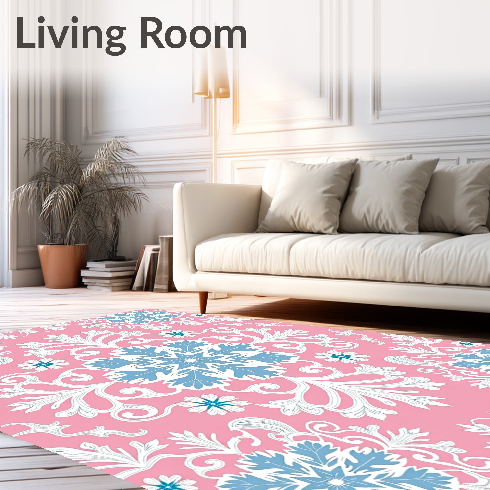 Pink Blue Snowflake Floral Scroll Rug
