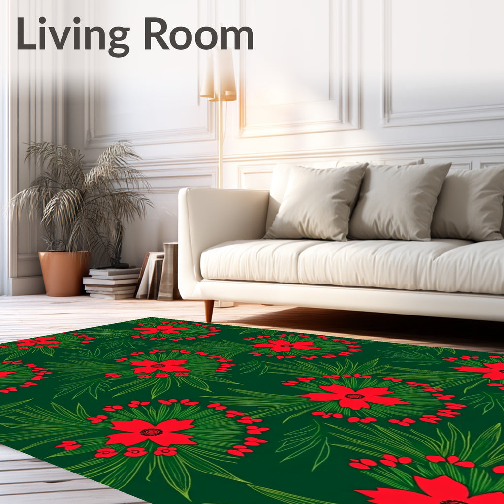 Red Crimson Wreath Floral Greenery Rug