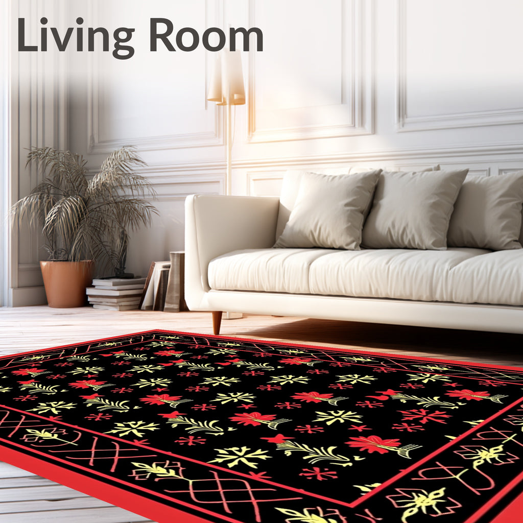 Bold Red Yellow Floral Border Rug