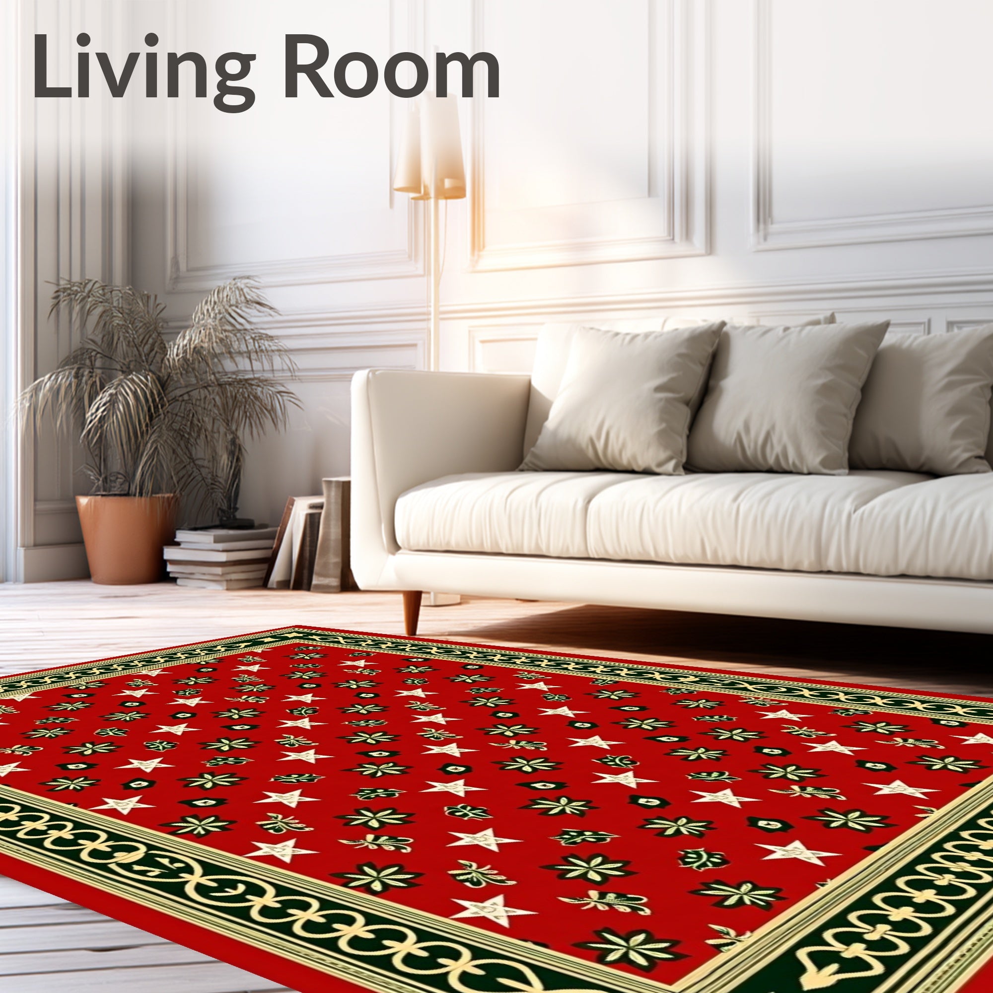 Red Festive Star Floral Border Rug