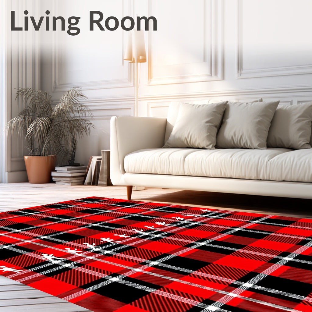 Red Black White Plaid People Silhouettes Rug