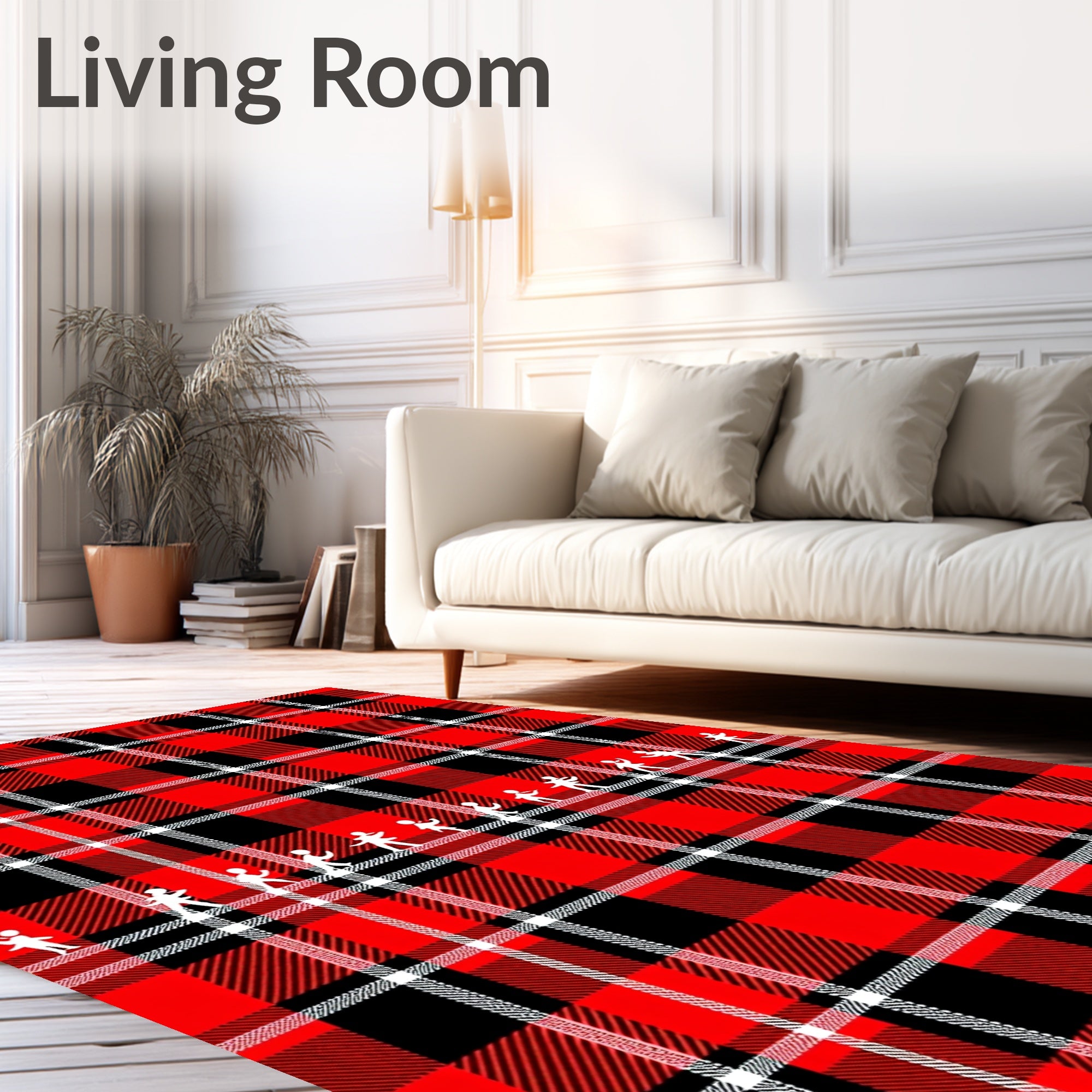 Red Black White Plaid People Silhouettes Rug