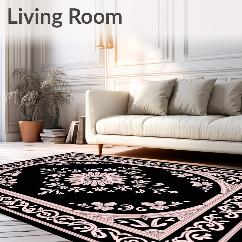 Black Pink Floral Scroll Border Rug