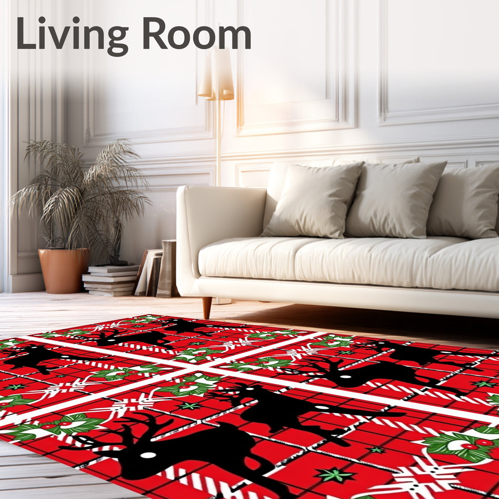 Red Plaid Black Reindeer Holly Christmas Rug