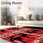 Red Plaid Black Reindeer Holly Christmas Rug