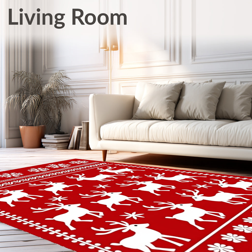 Classic Red White Reindeer Snowflakes Rug