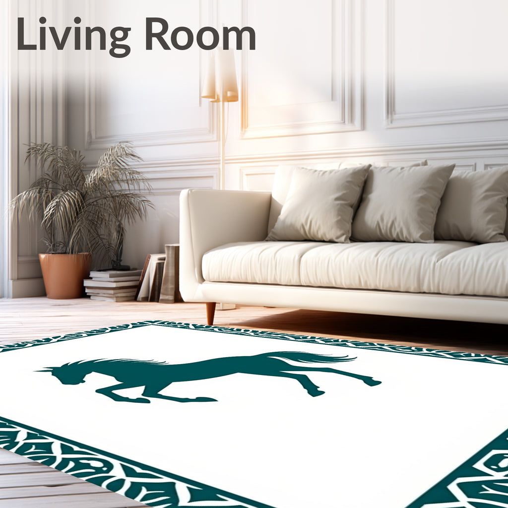 Teal Silhouette Rearing Horse Border Rug