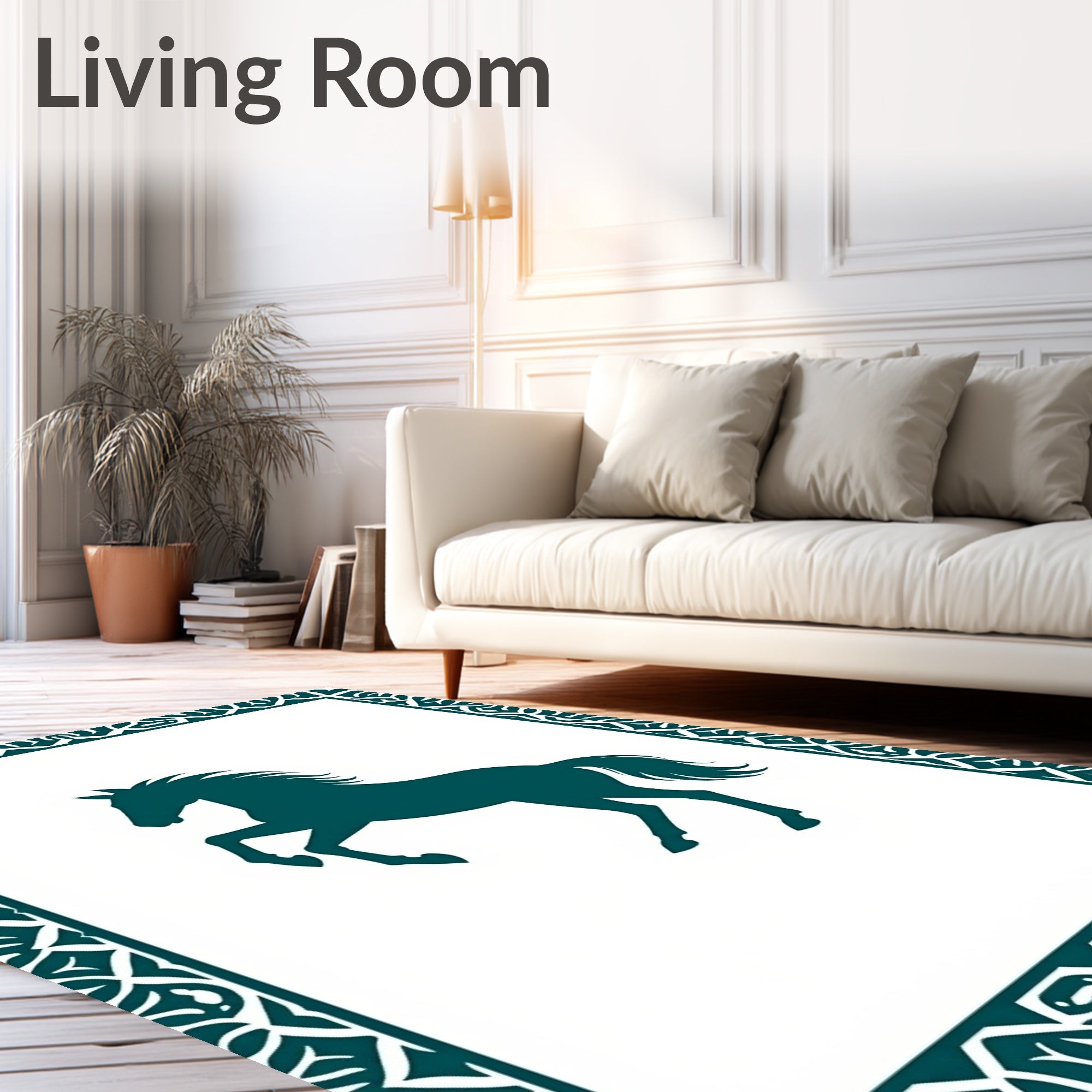 Teal Silhouette Rearing Horse Border Rug