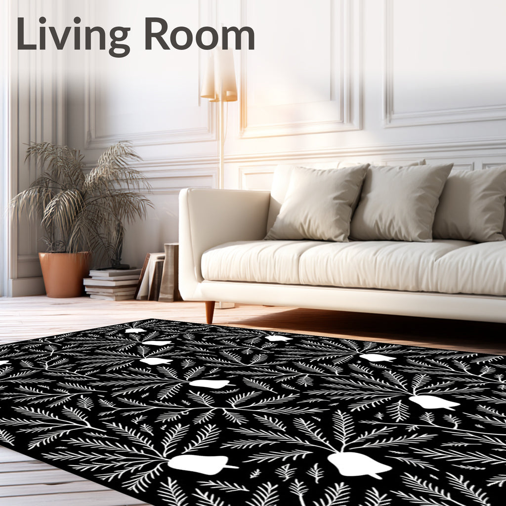 Ornate Black White Bell Branch Rug