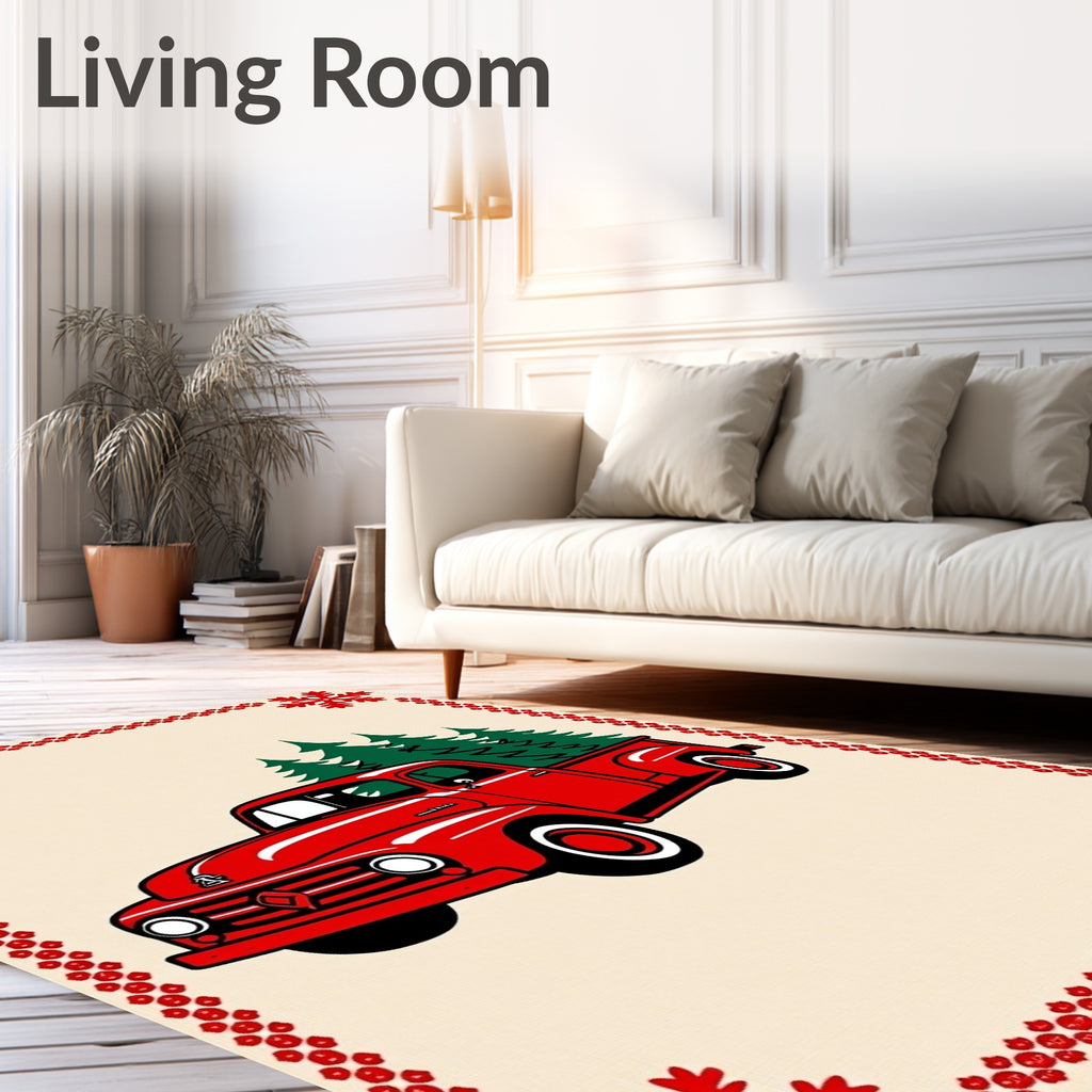 Vintage Red Truck Christmas Trees Border Rug