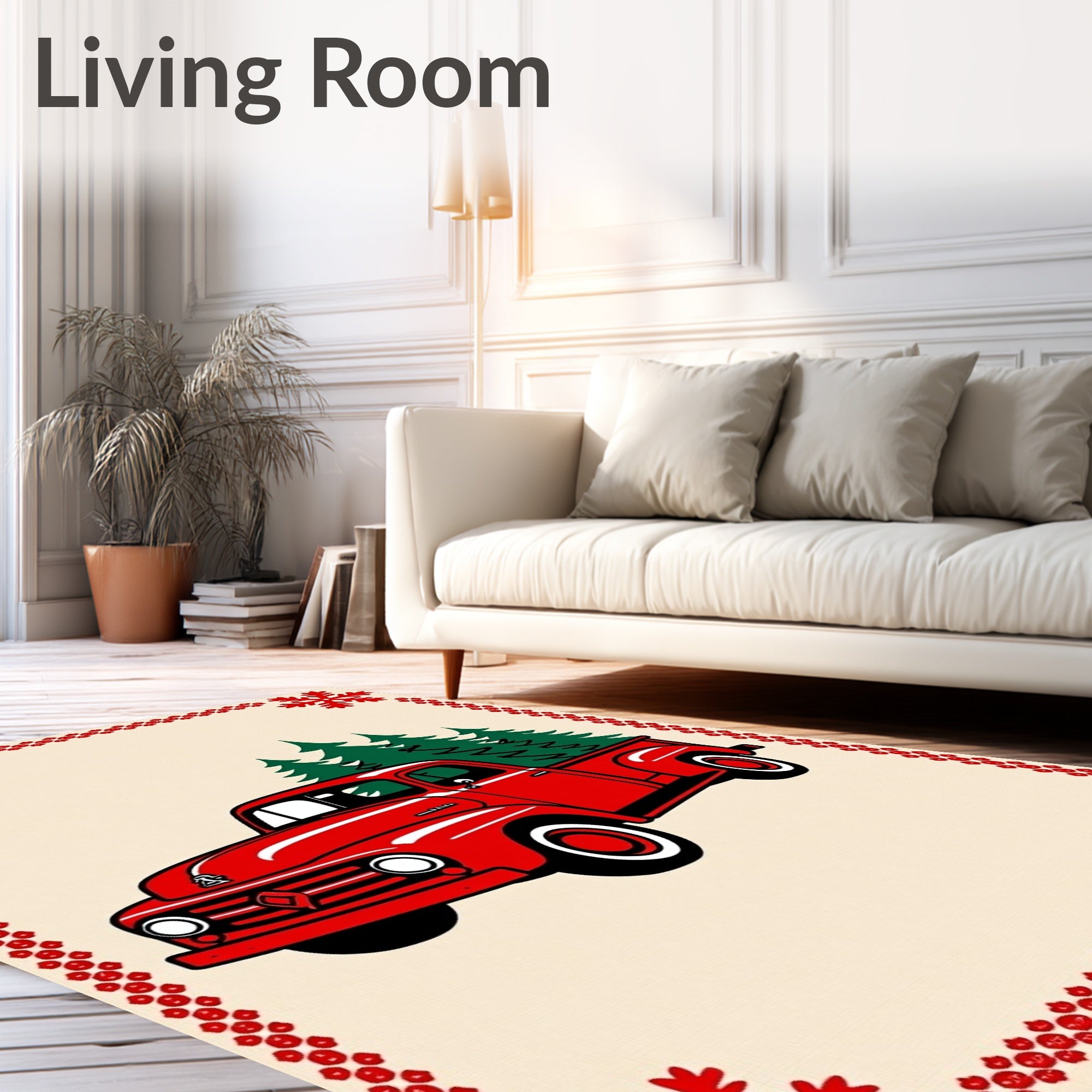 Vintage Red Truck Christmas Trees Border Rug