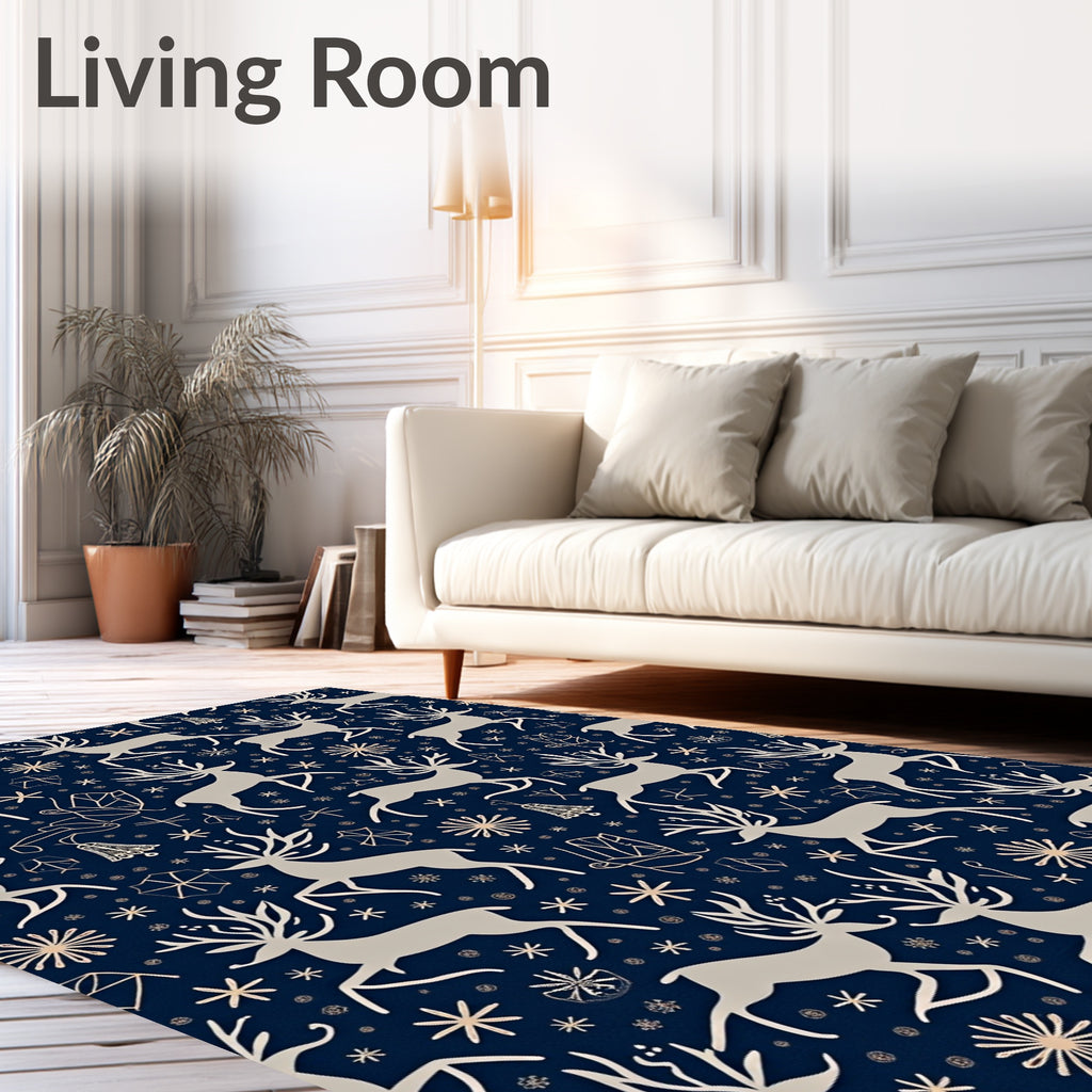 Navy Beige Reindeer Snowflake Celebration Rug