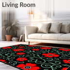Black Red Floral Vines Swirls Rug