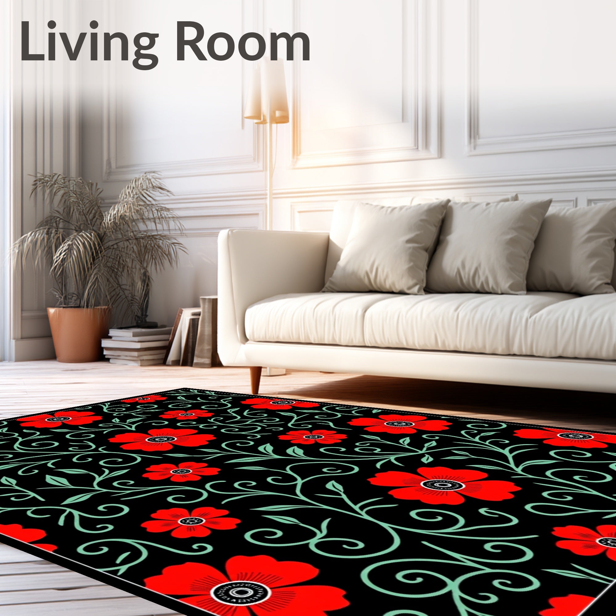 Black Red Floral Vines Swirls Rug