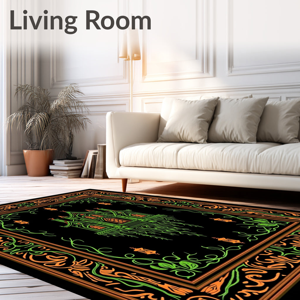 Gothic Green Haunted House Orange Border Rug