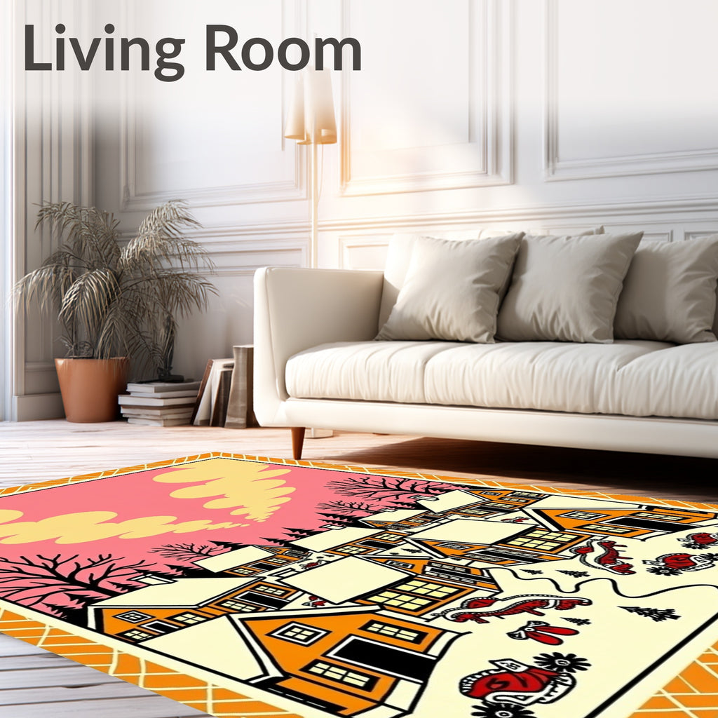 Whimsical Winter Village Orange Houses Rug