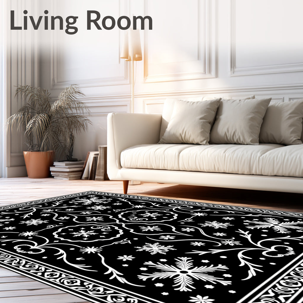 Black White Snowflake Floral Symmetry Rug