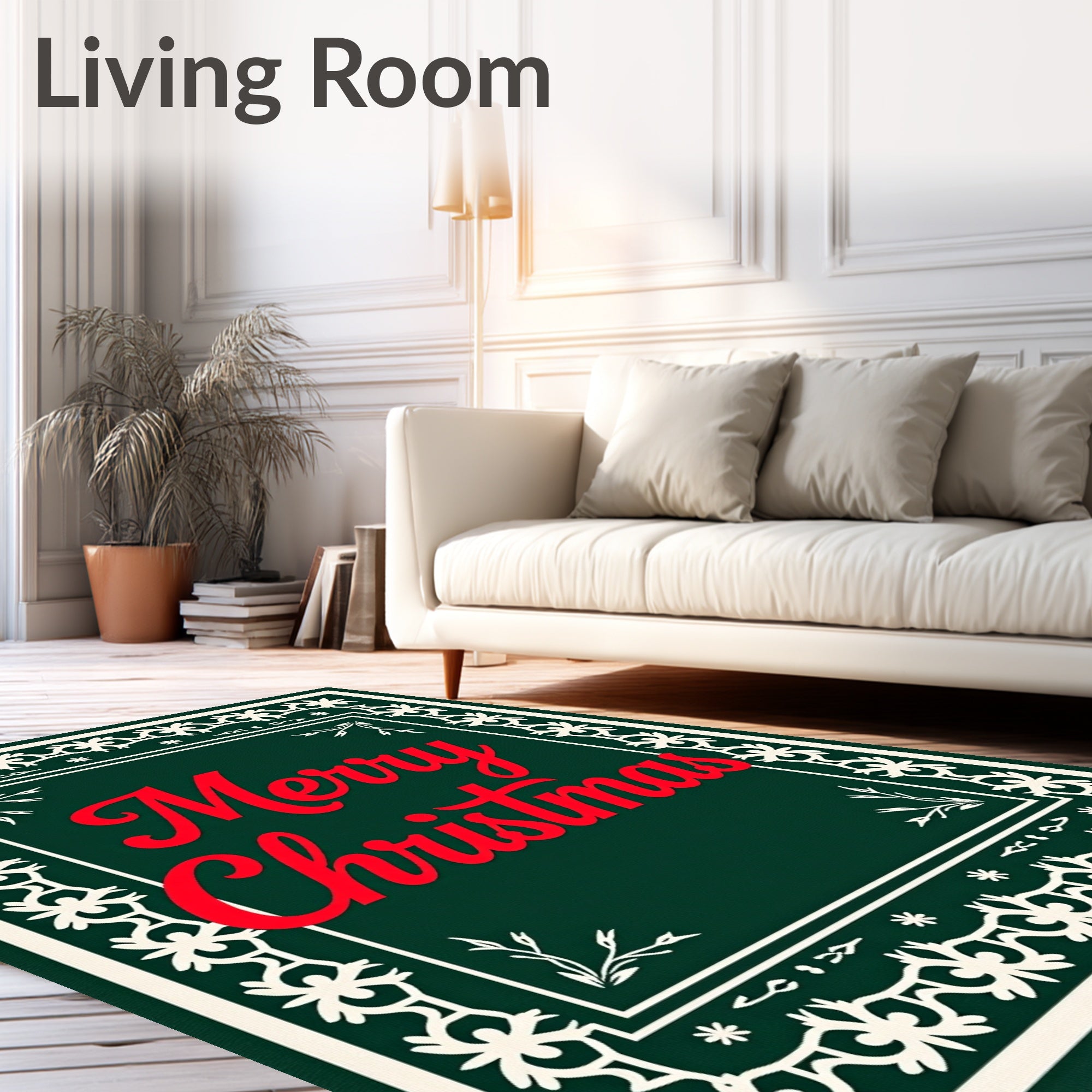 Festive Red Merry Christmas Floral Border Rug