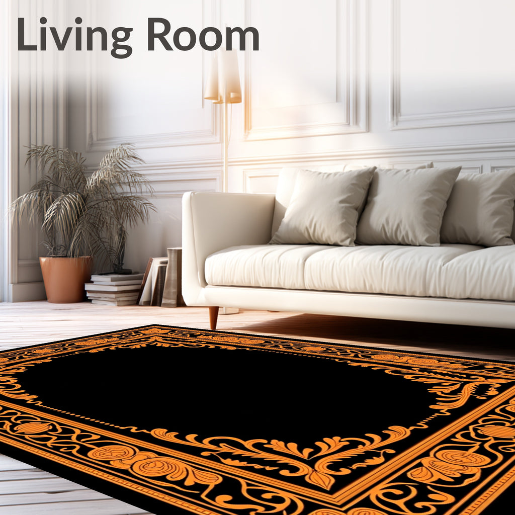 Orange Floral Scroll Frame Rug