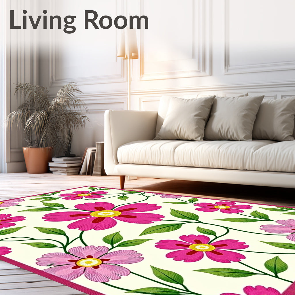 Vibrant Pink Floral Vine Cream Rug