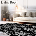 White Snowflake Black Background Repeating Pattern Rug
