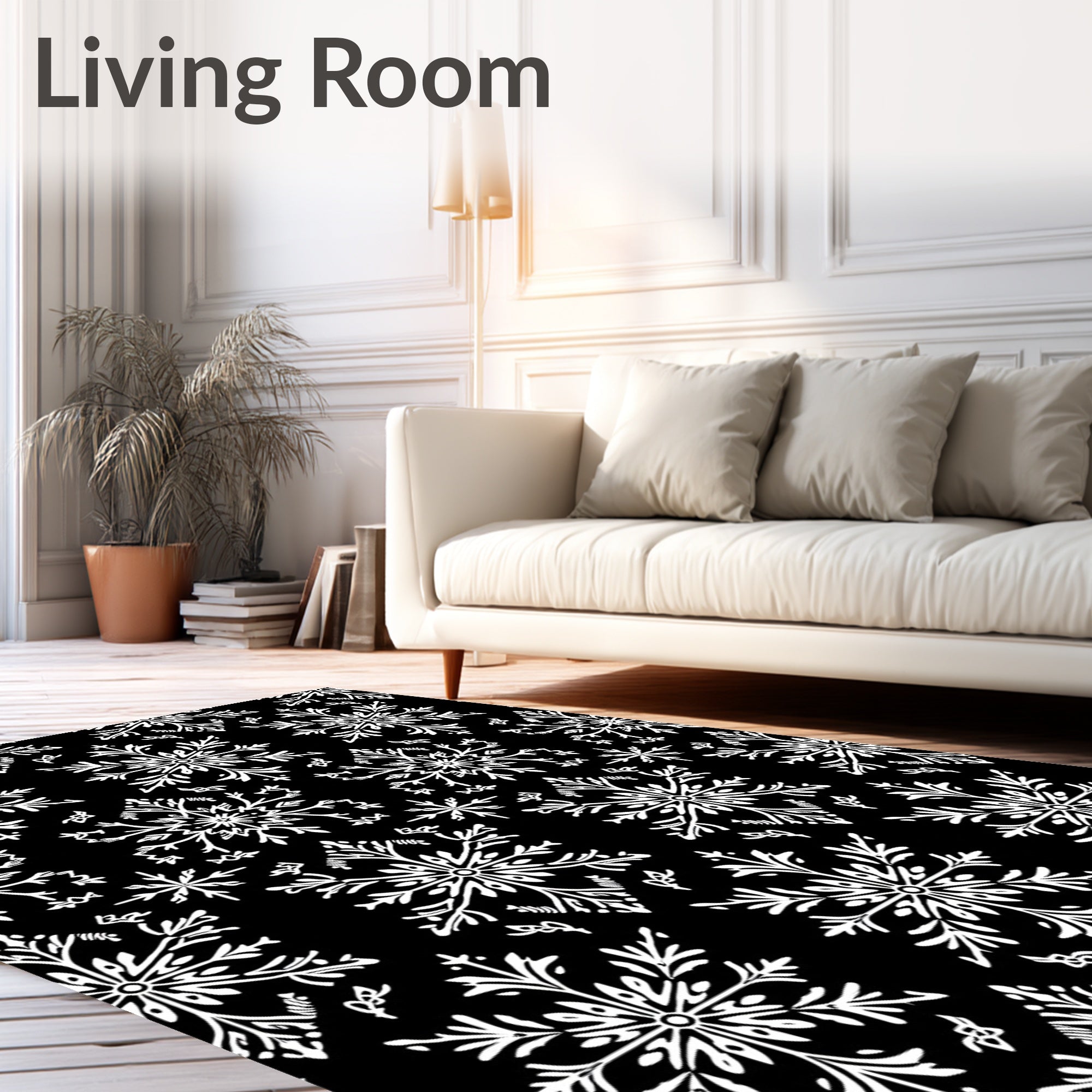White Snowflake Black Background Repeating Pattern Rug