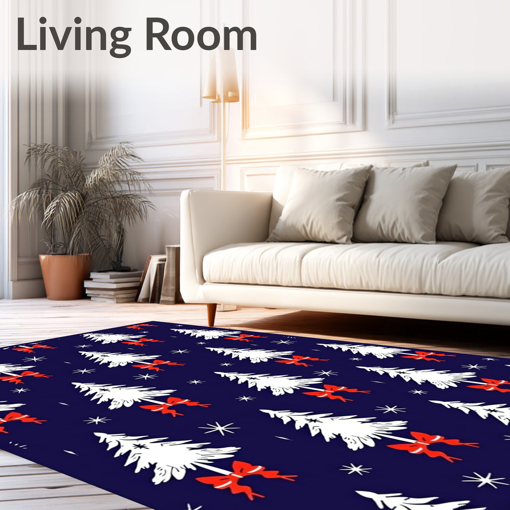 White Christmas Trees Red Bows Navy Rug