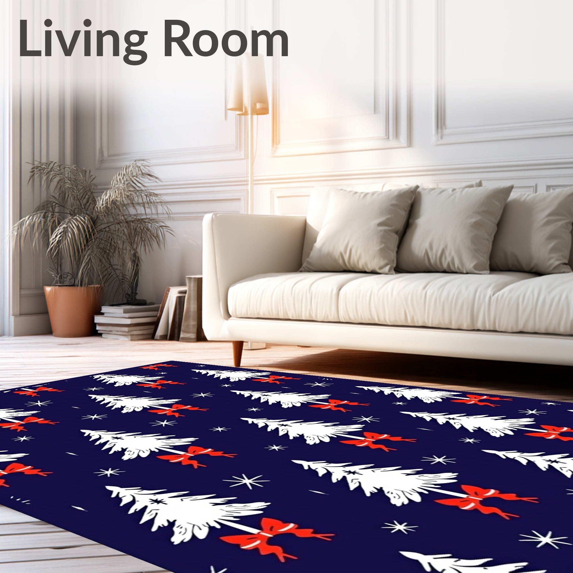 White Christmas Trees Red Bows Navy Rug