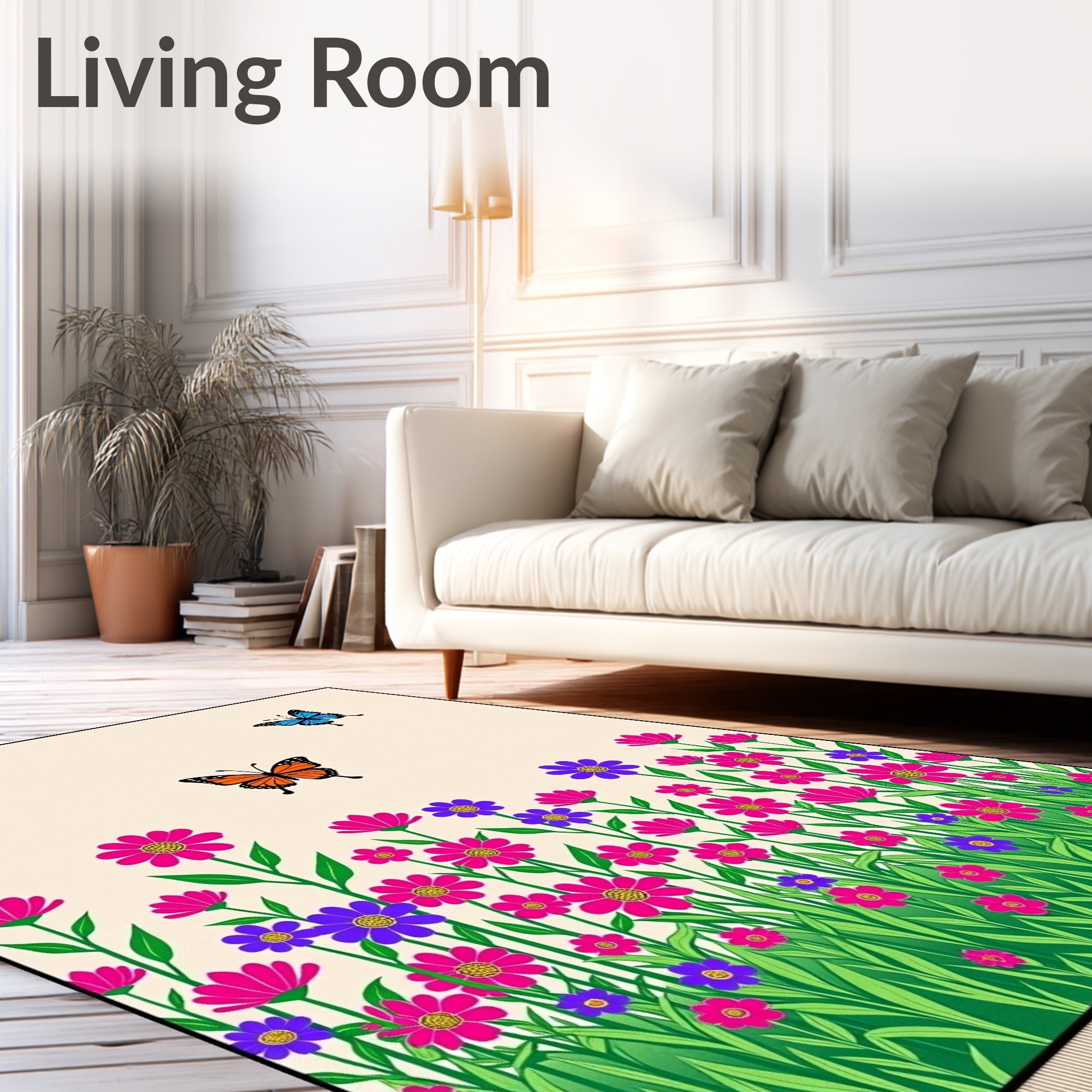 Whimsical Butterflies Amidst Floral Garden Rug