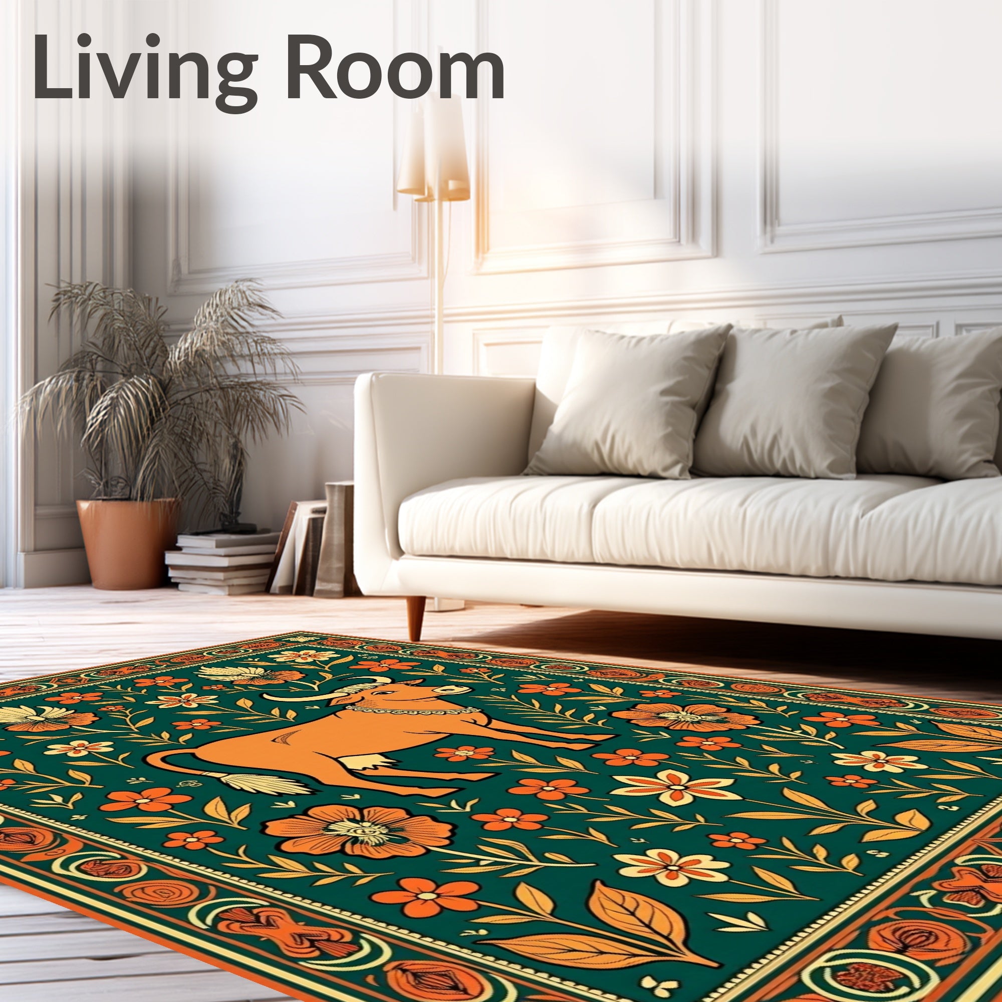 Orange Cow Floral Garden Rug