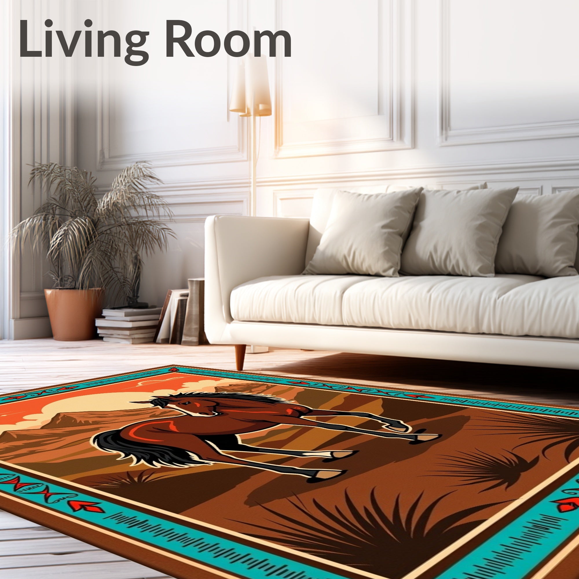 Brown Horse Sunset Mountain Landscape Rug