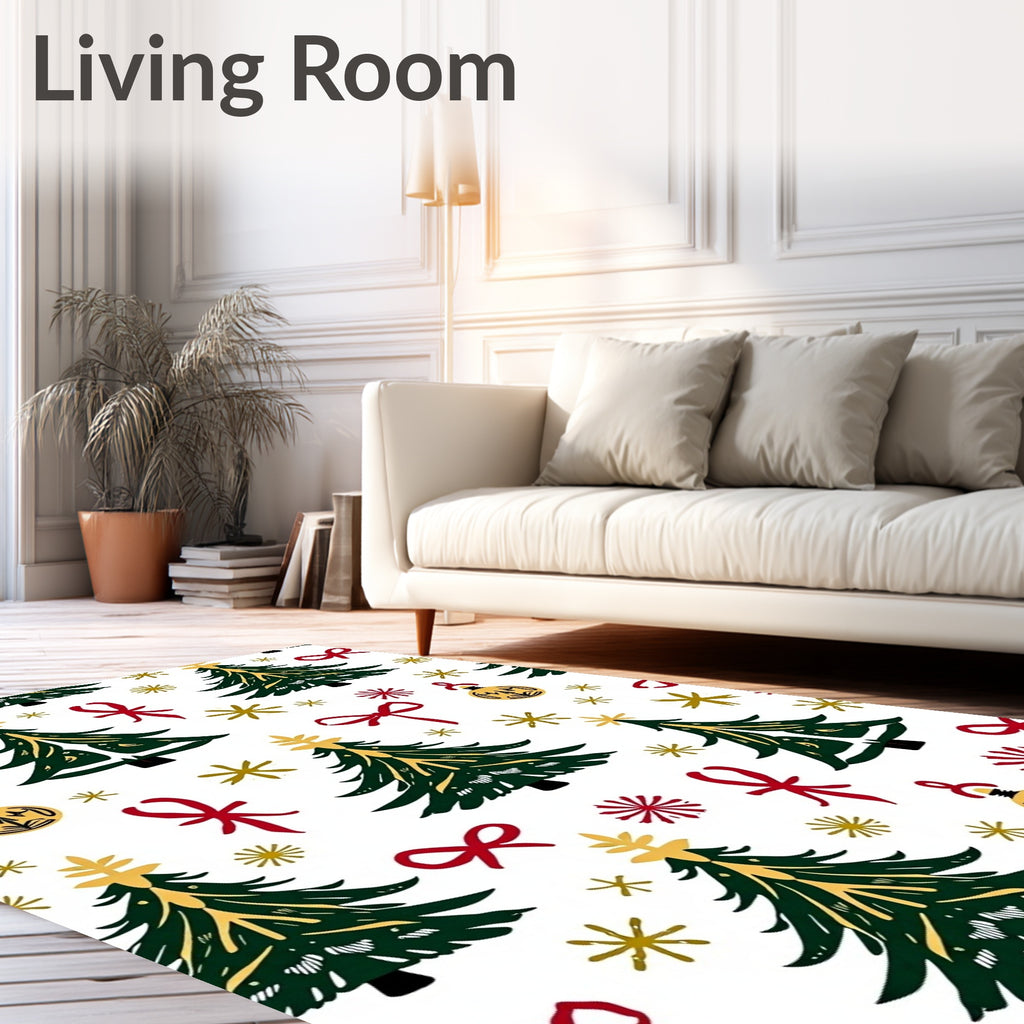 Festive Green Trees Red Gold Accents Rug