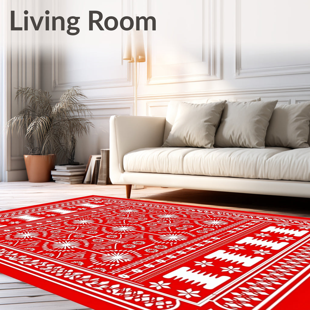 Red White Folkloric Floral Medallion Rug