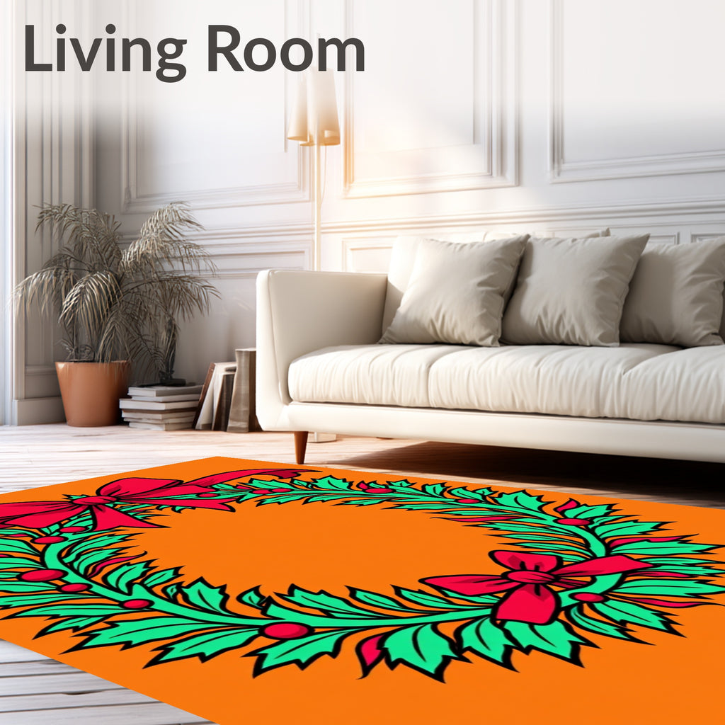 Green Holly Wreath Red Bows Rug