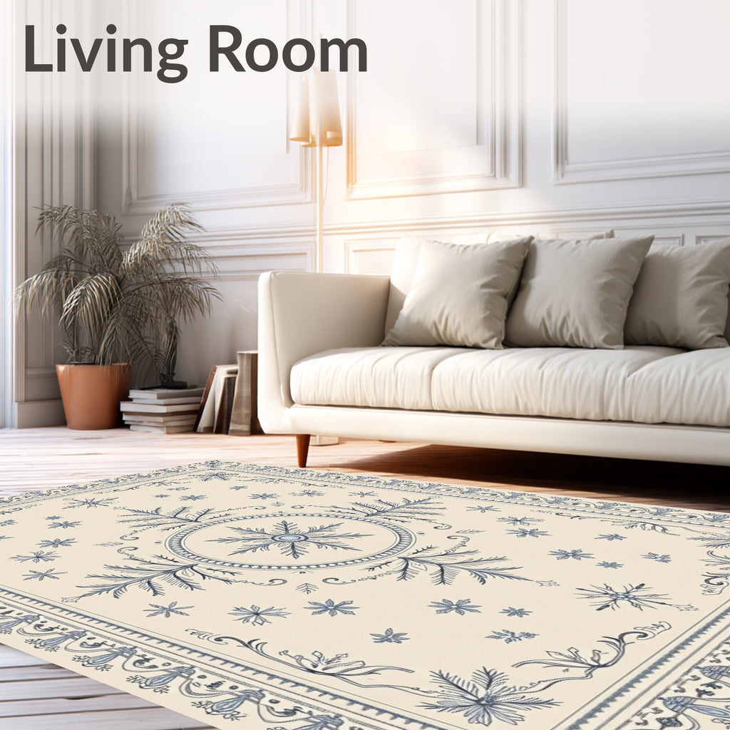 Cream Blue Floral Medallion Border Rug
