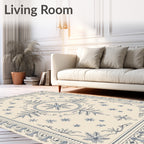 Cream Blue Floral Medallion Border Rug