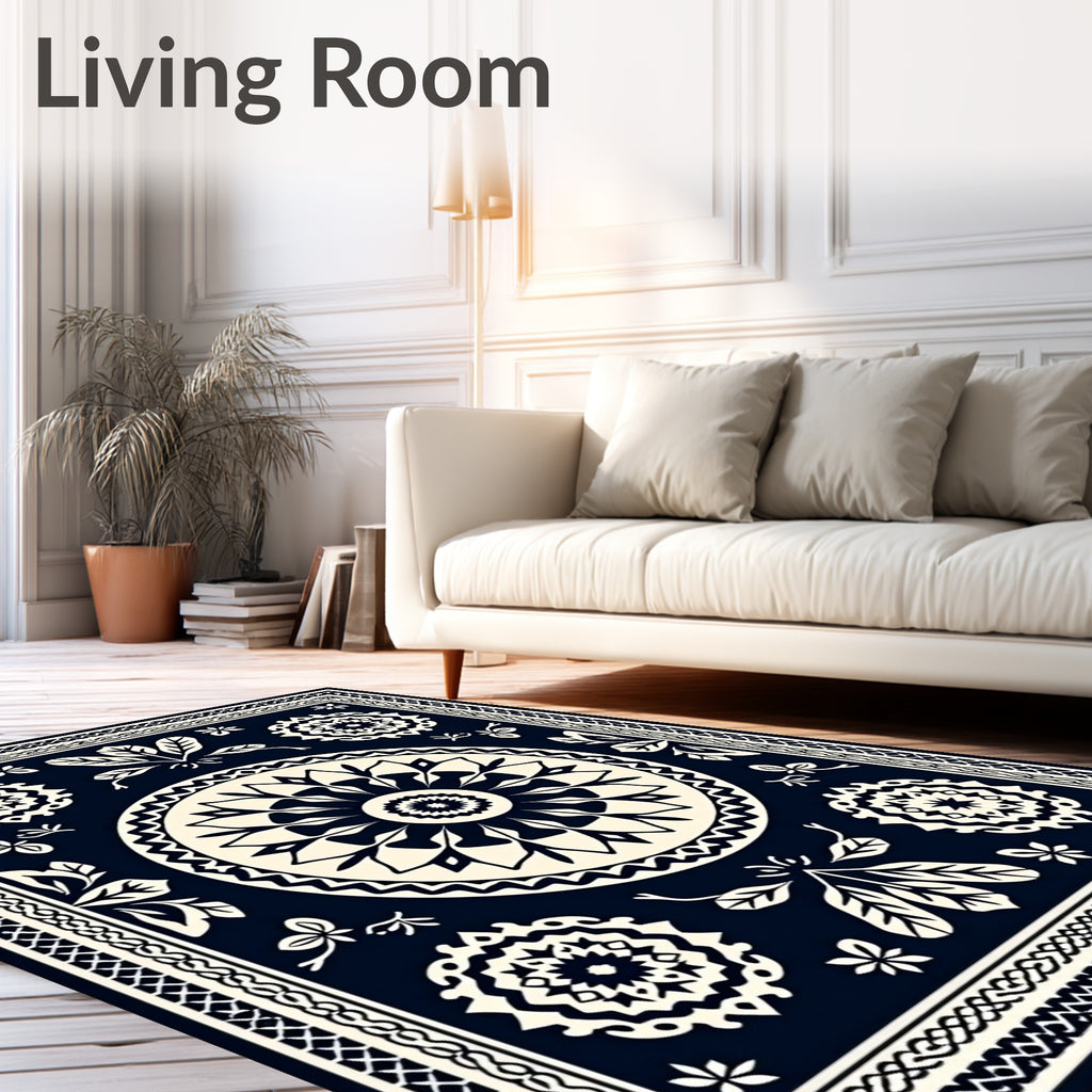 Navajo Cream Dark Blue Floral Medallion Rug