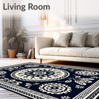 Navajo Cream Dark Blue Floral Medallion Rug