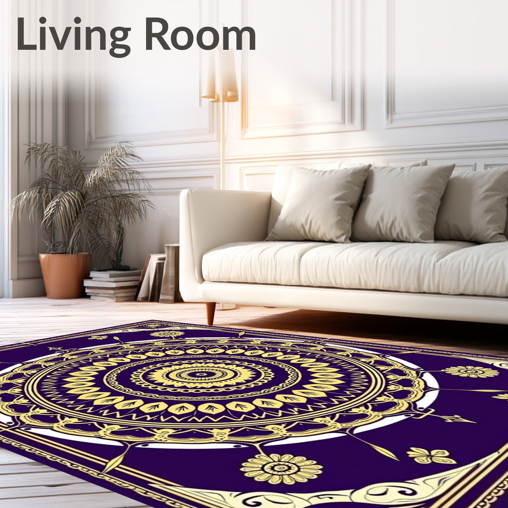 Deep Violet Golden Mandala Floral Rug