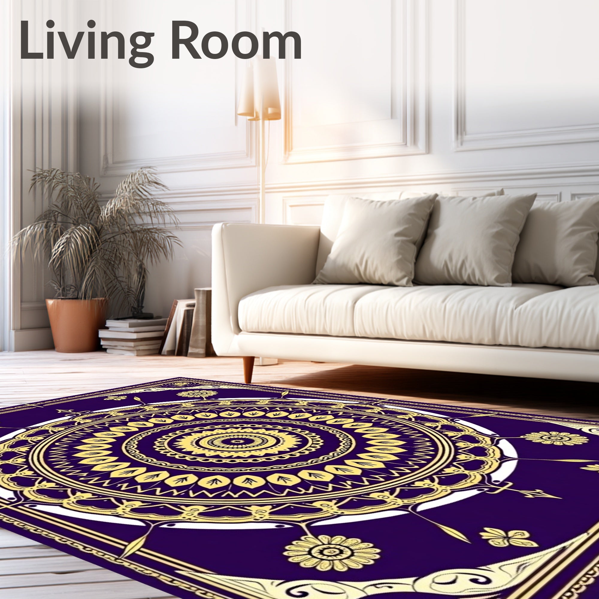 Deep Violet Golden Mandala Floral Rug