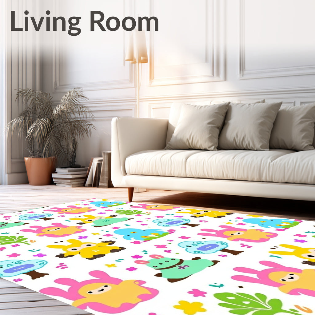 Whimsical Cartoon Creature Floral Field Rug