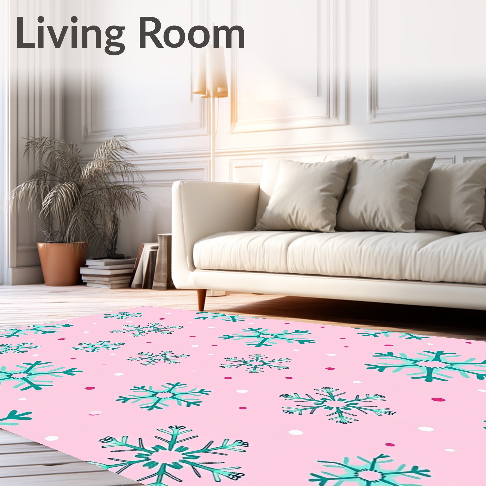 Teal Snowflake Scatter On Pink Backdrop Rug