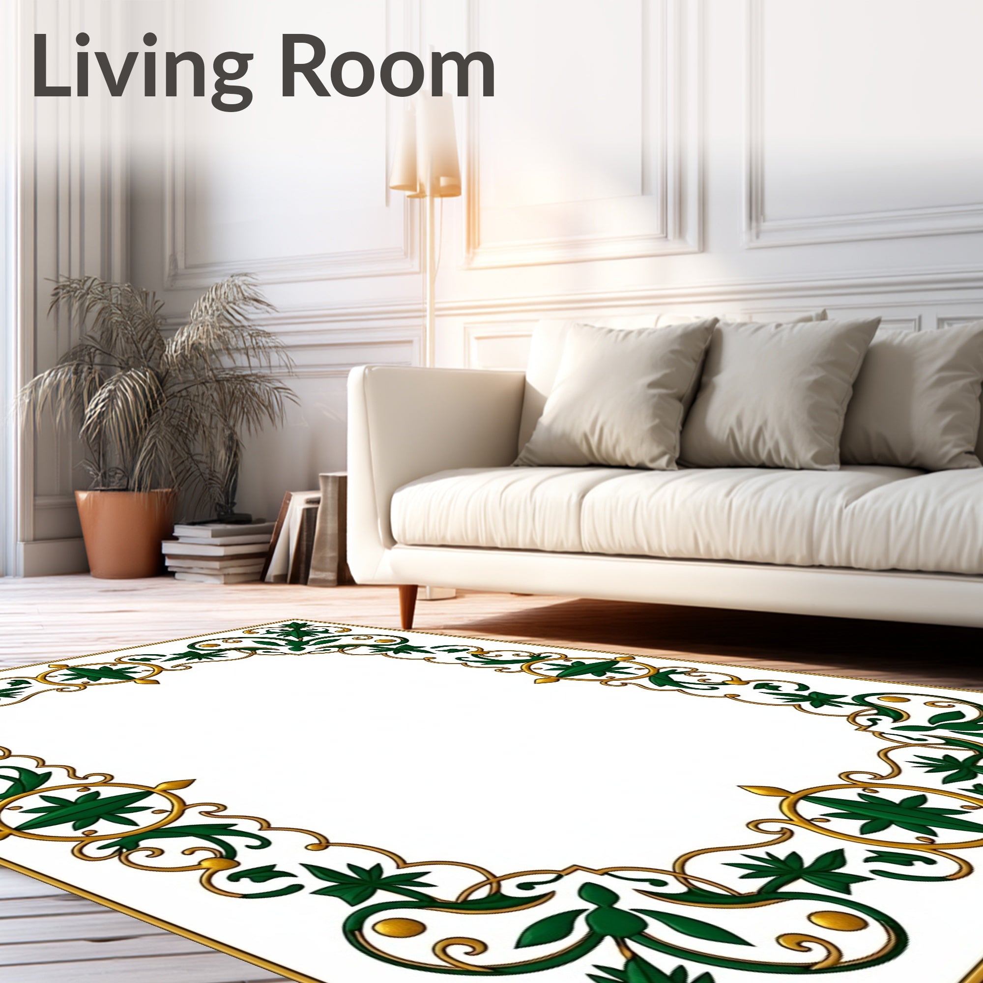 Emerald Green Gold Floral Border Accent Rug