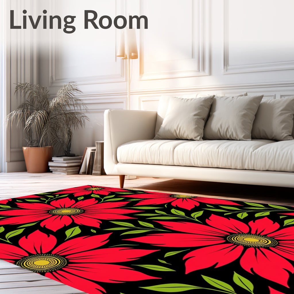 Vibrant Red Floral Black Background Rug