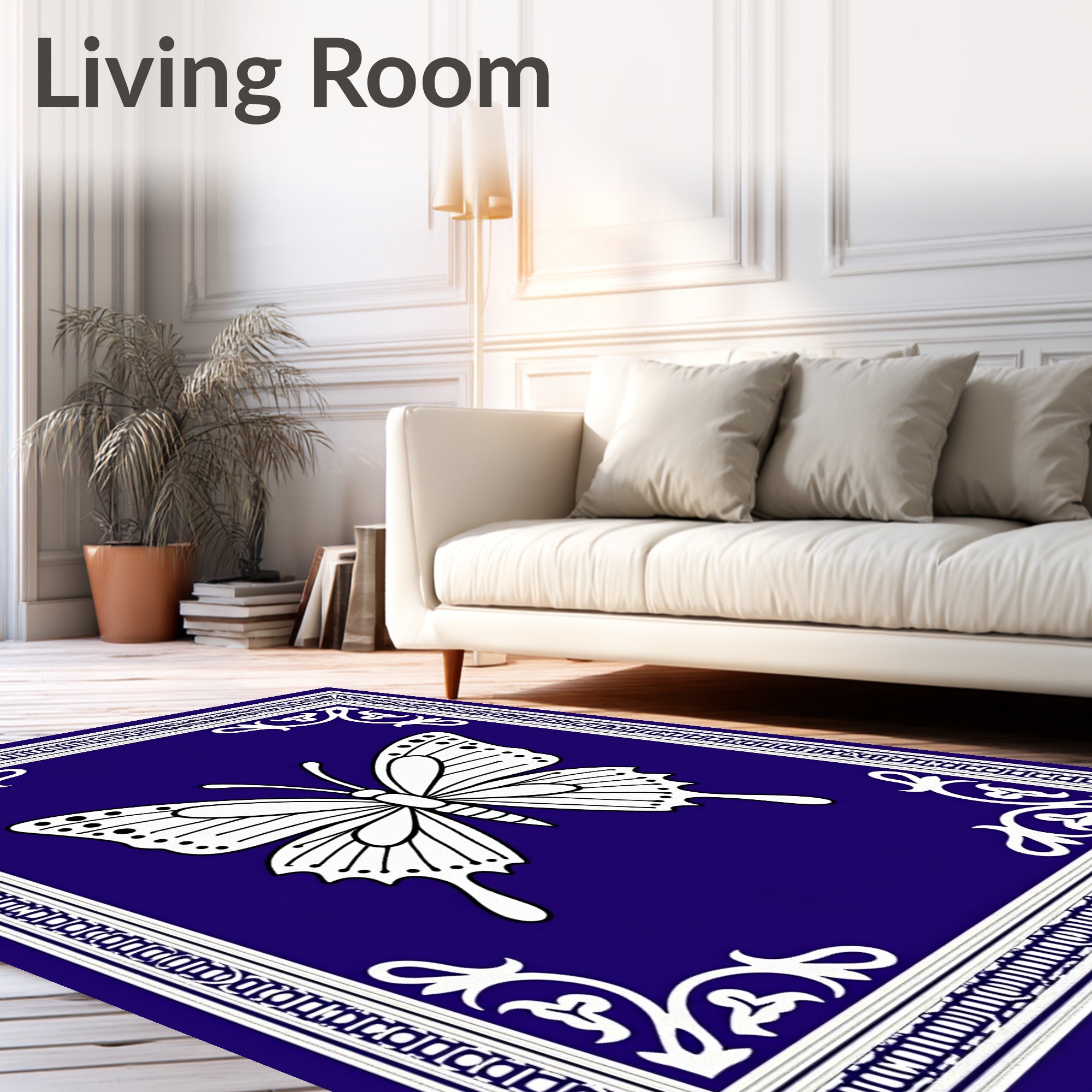 Vibrant Blue Butterfly Border Rug
