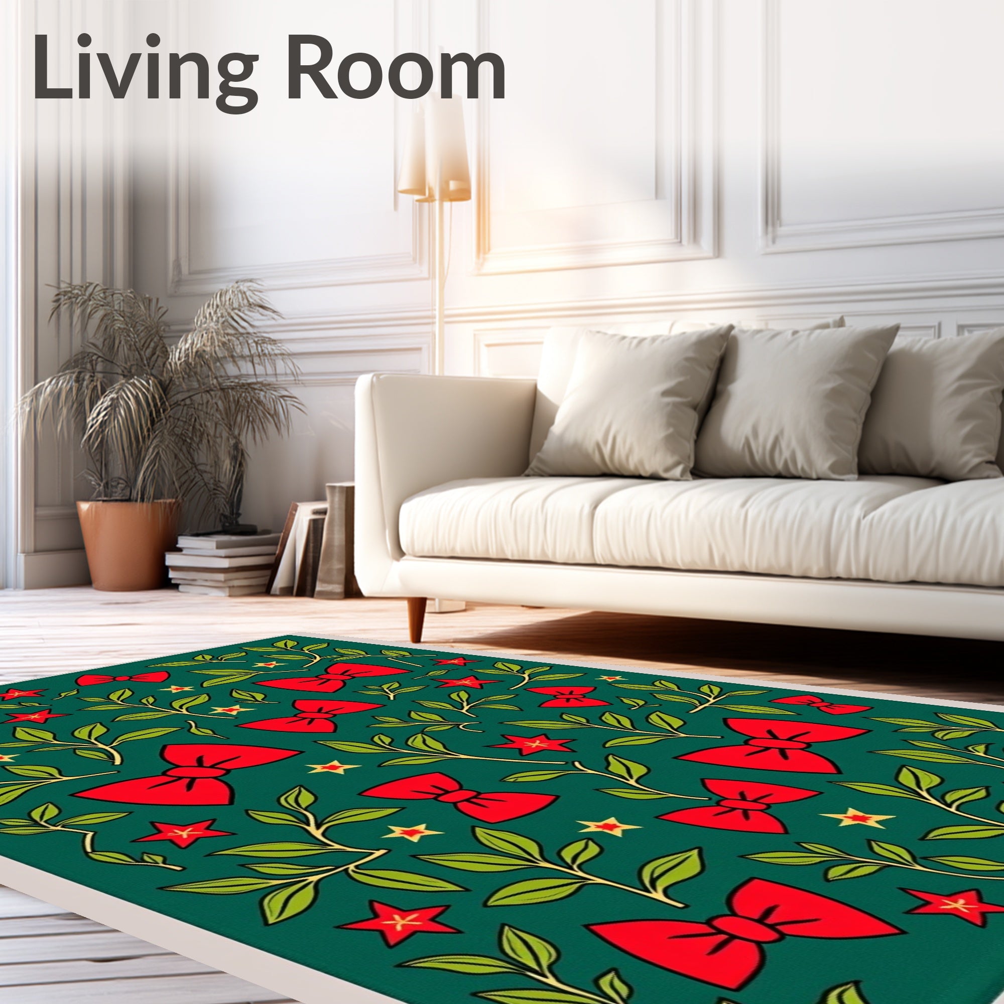 Festive Red Bows Green Foliage Stars Rug