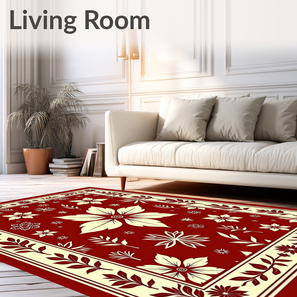 Deep Red Cream Floral Garden Medallion Rug