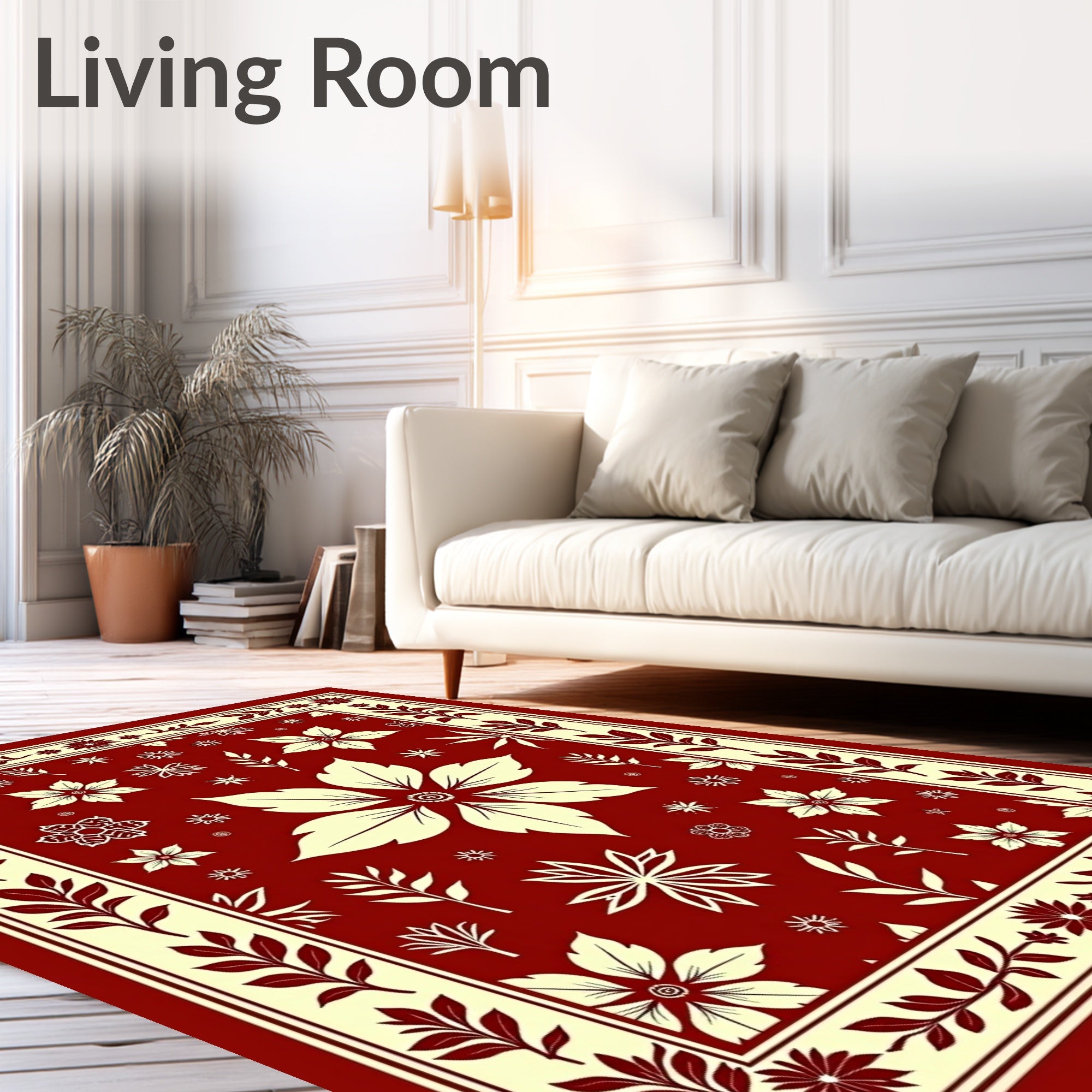 Deep Red Cream Floral Garden Medallion Rug